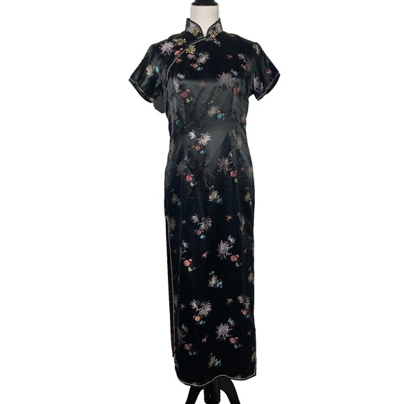 Vintage Dresses & Skirts - Vtg 70s Chinese Cheongsam Qipao Maxi Dress Black Floral Satin Rainbow Lining 38